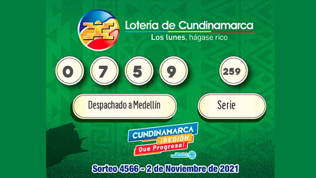 Resultados de la lotería de Cundinamarca 0759 Serie 259 Sorteo 4566 del 2 de Noviembre de 2021