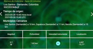 Temblor de magnitud 5.7 sacudió el centro y nororiente de Colombia