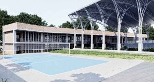 Render o imagen de obra en construcción de las nuevas aulas de la IED Venecia, Cundinamarca.