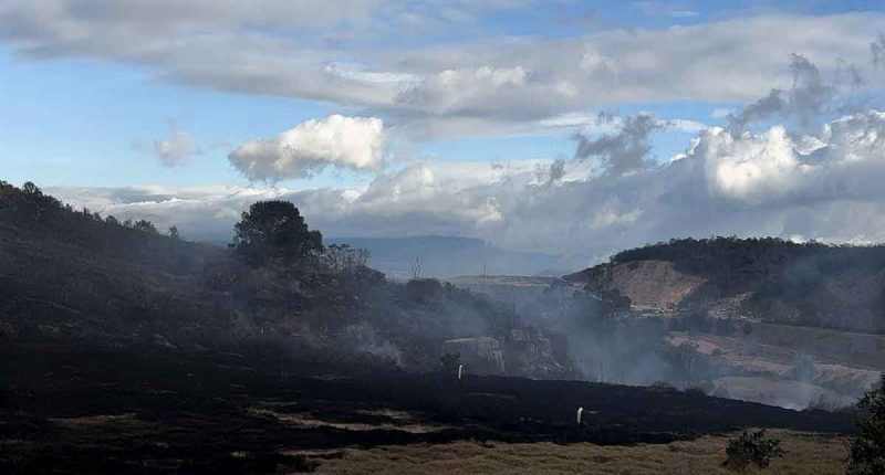 Labores de control y refrigeración de bomberos en una zona afectada por incendios forestales en Cundinamarca.